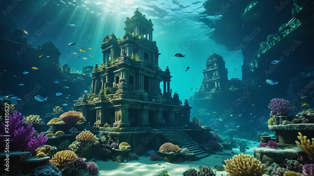Underwater ancient city in the depths of the ocean. Atlantis lost world. ancient sunken architecture. Underwater gorges and tunnel. Lots of underwater organisms and fish.