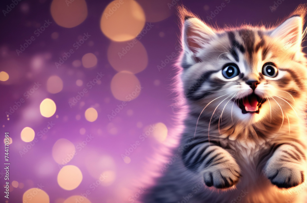 Energetic Tabby Kitten Leaping in the Air Against a Bokeh Background