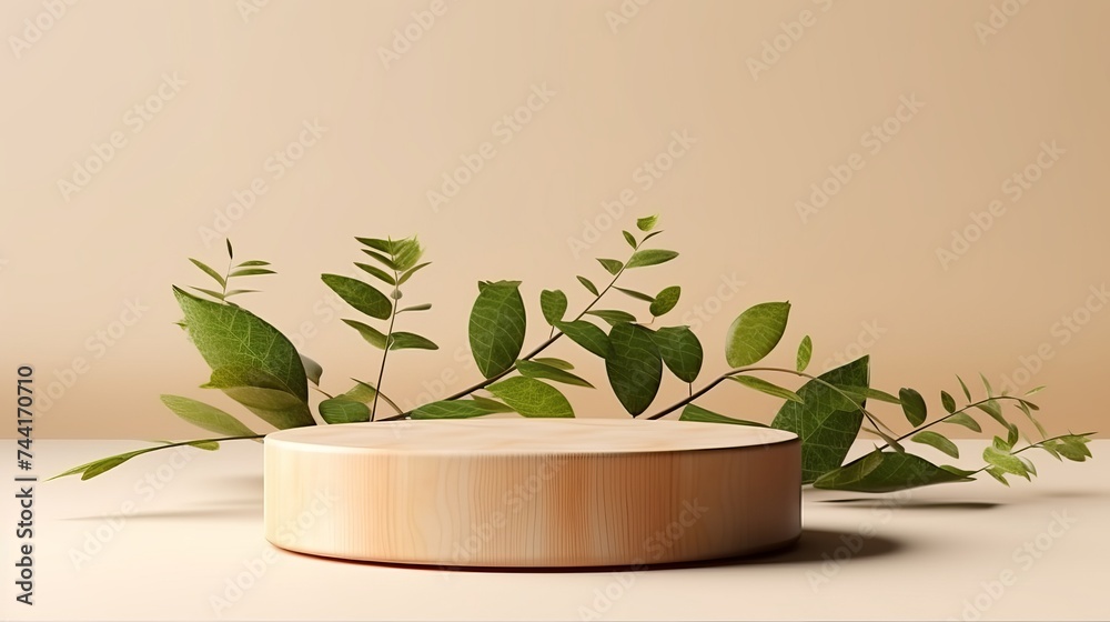 Minimal modern product display on neutral beige background. Wood slice podium and green leaves. Concept scene stage showcase for new product, promotion sale, banner, presentation, cosmetic