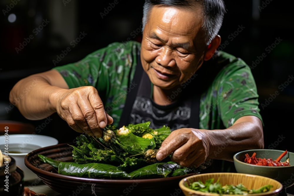 In a dimly lit kitchen, an elderly Asian man expertly prepares a traditional dish, skillfully handling ingredients with a focus on culinary mastery and cultural heritage.