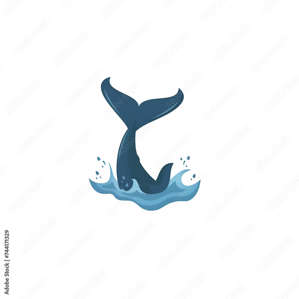A logo illustration of a blue whale tail with water splashes, white background A logo illustration of a blue whale tail with water splashes, white background