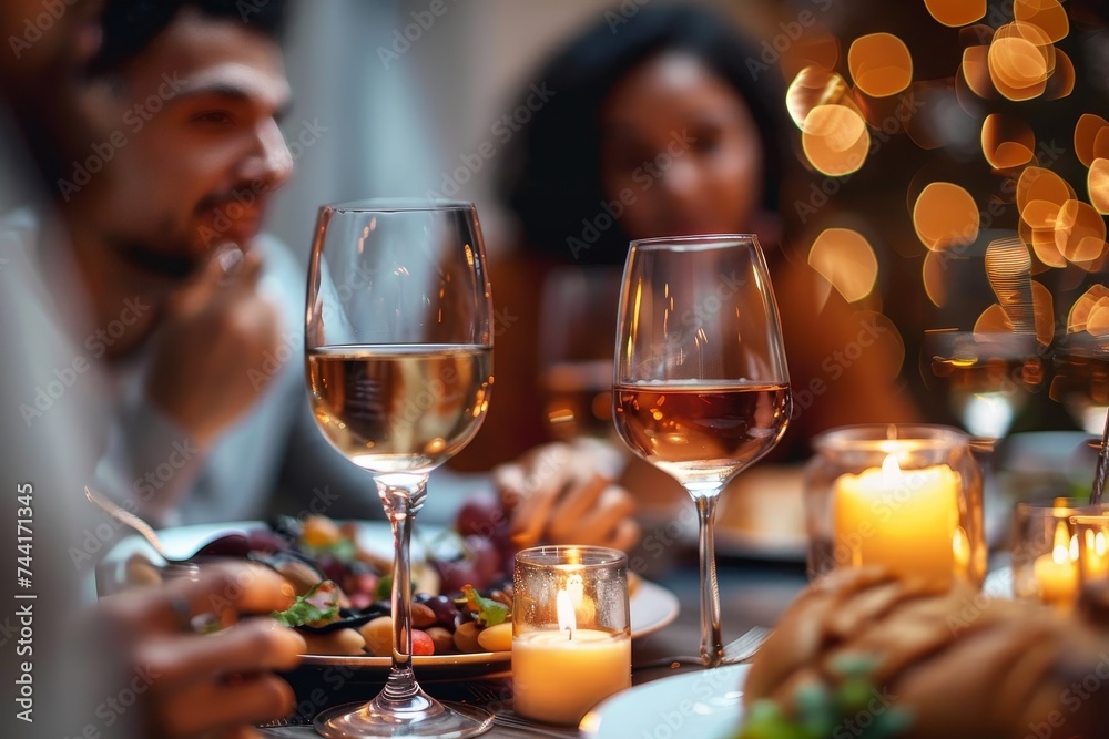 Amidst the warm glow of candlelight, a group of friends share laughter and stories over glasses of wine at a beautifully set table Amidst the warm glow of candlelight, a group of friends share laughter and stories over glasses of wine at a beautifully set table