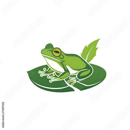 A logo illustration of a tree frog on a lily pad, white background