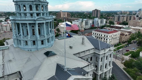 Drone Aerial Colorado State Capitol Building Flying Flags in Downtown Denver, Colorado 4K