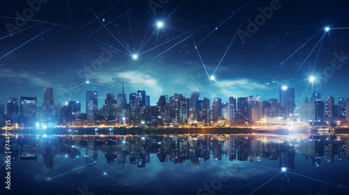 Modern city with wireless network connection and city scape concept.Wireless network and Connection technology concept with city background at night © Elchin Abilov