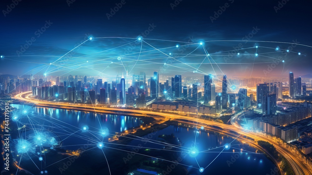 Modern cityscape and communication network concept. Telecommunication. IoT (Internet of Things). ICT (Information communication Technology). 5G. Smart city. Digital transformation