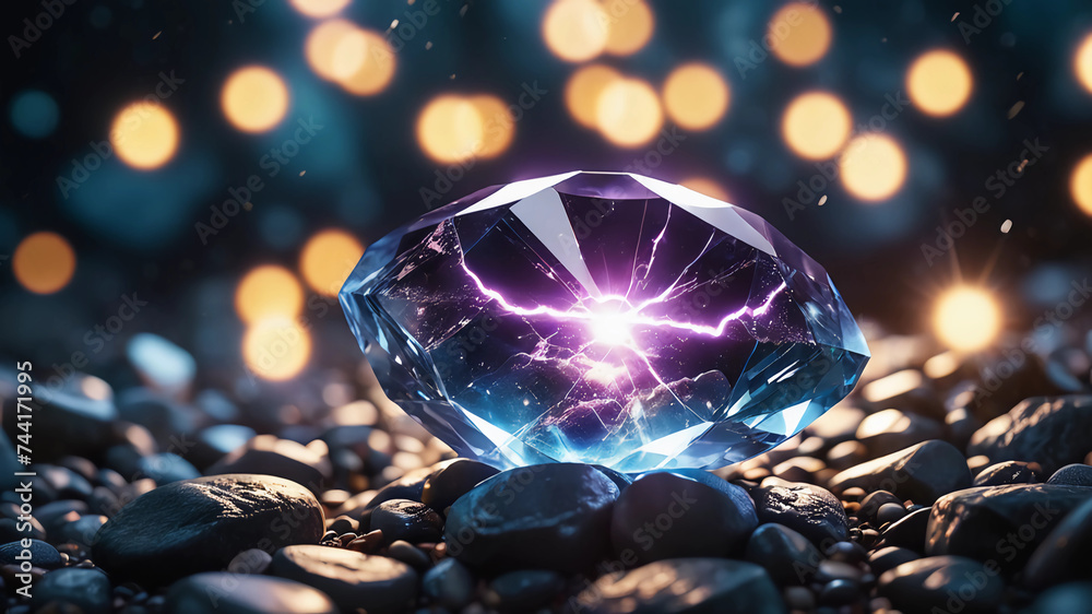 Fototapeta premium an image of a mythical stone that lies on other stones, and in that stone there is lightning.