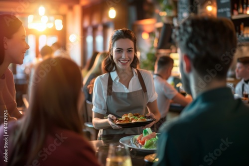 Waitress serving food to customers in cafe at counter in night time. AI generated