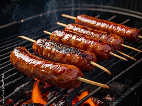 BBQ with fiery sausages on the grill outdoor picnic. Sizzling sausages on picnic BBQ