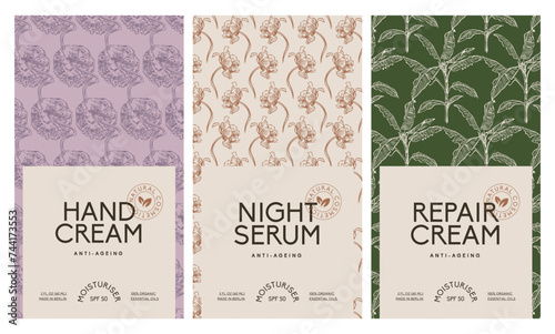 Hand drawn botanical vector cosmetics label design template for hand cream, night serum. Minimal brand identity template. Packaging design mockup.