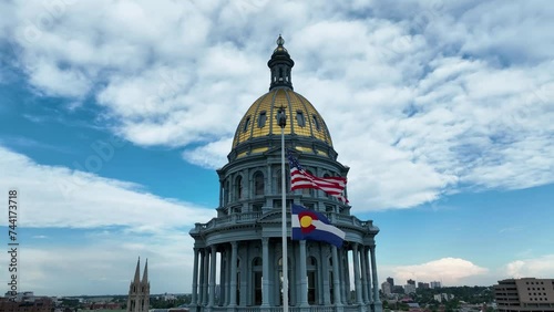 Drone Aerial Colorado State Capitol Buildings and Civic Center Park in Downtown Denver, CO 4K photo