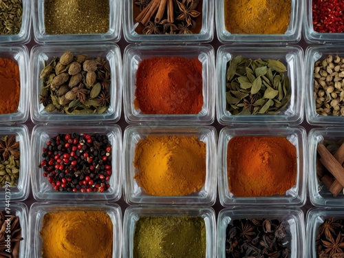 Close-Up overhead view of an assorted arrangement of spices, Assorted spices and seeds, various spices, different herbs and spices. Assorted spices and seeds in overhead display