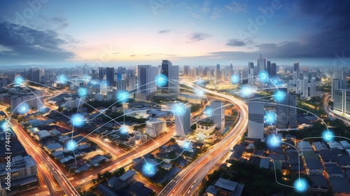 Panorama aerial view in the cityscape skyline with smart services and icons, internet of things, networks and augmented reality concept , night scene