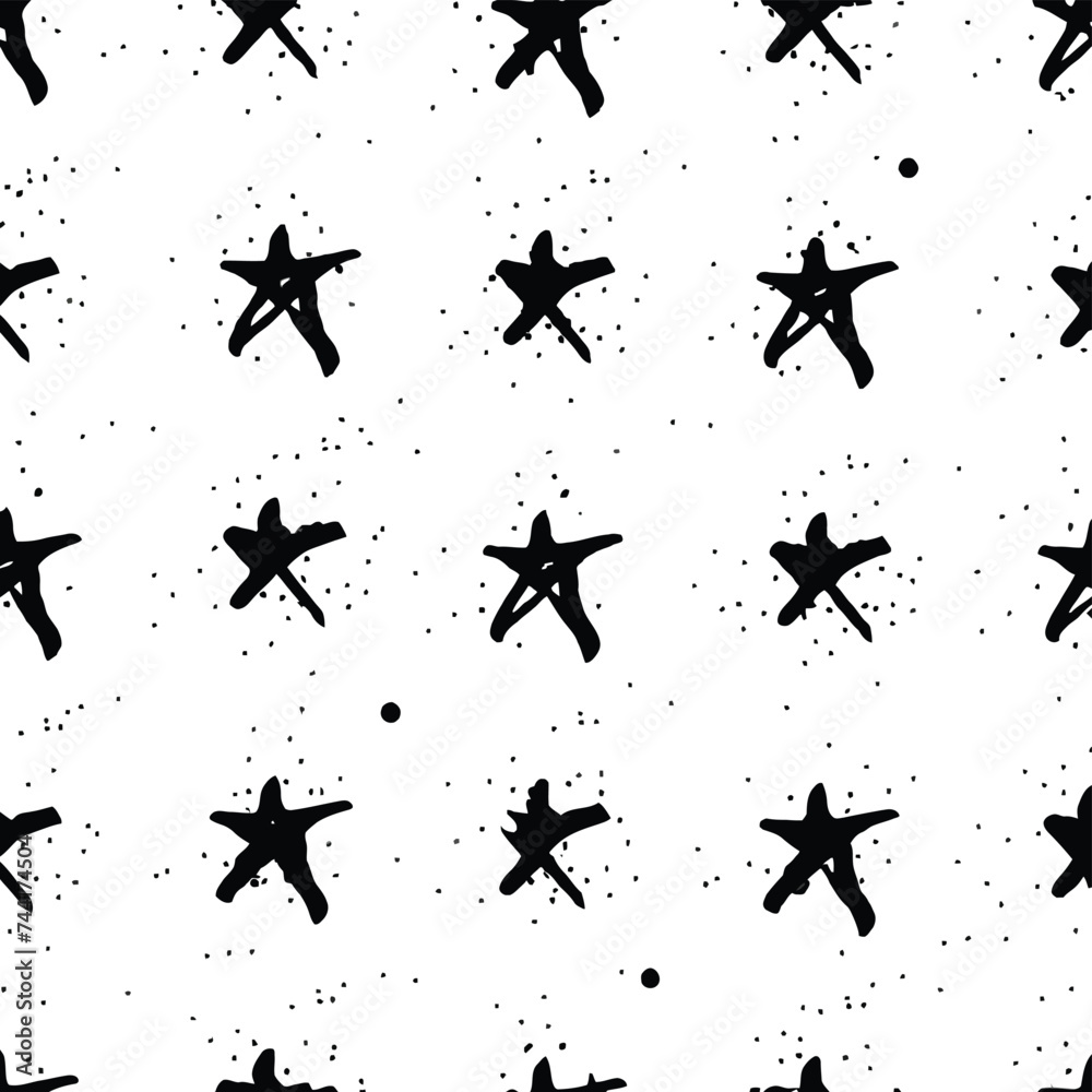Seamless abstract pattern with black hand drawn shabby stars on white ...