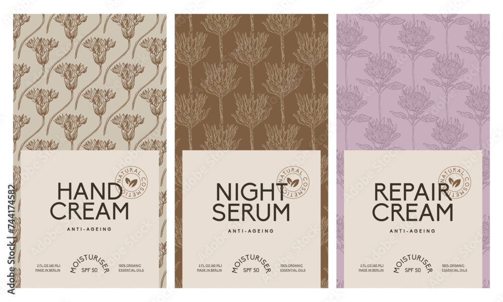 Hand drawn botanical vector cosmetics label design template for hand cream, night serum. Minimal brand identity template. Packaging design mockup.