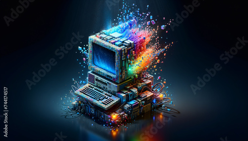 Minicomputer undergoing stunning digital disintegration, showcasing transformative technology.