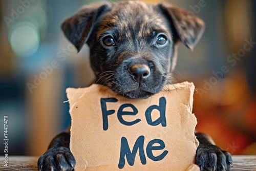 Charming hungry black puppy with pleading eyes holding a 