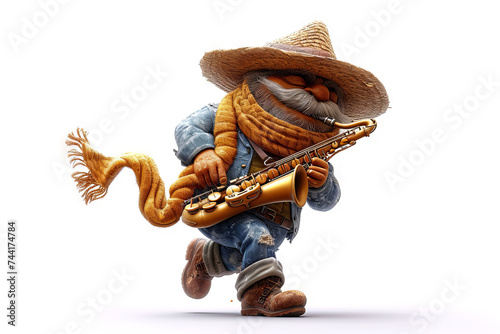 Sculpted musician with a saxophone in colorful attire. Isolated on white background. Concept of artisanal craft, music-themed art, folkloric performer, and decorative piece.