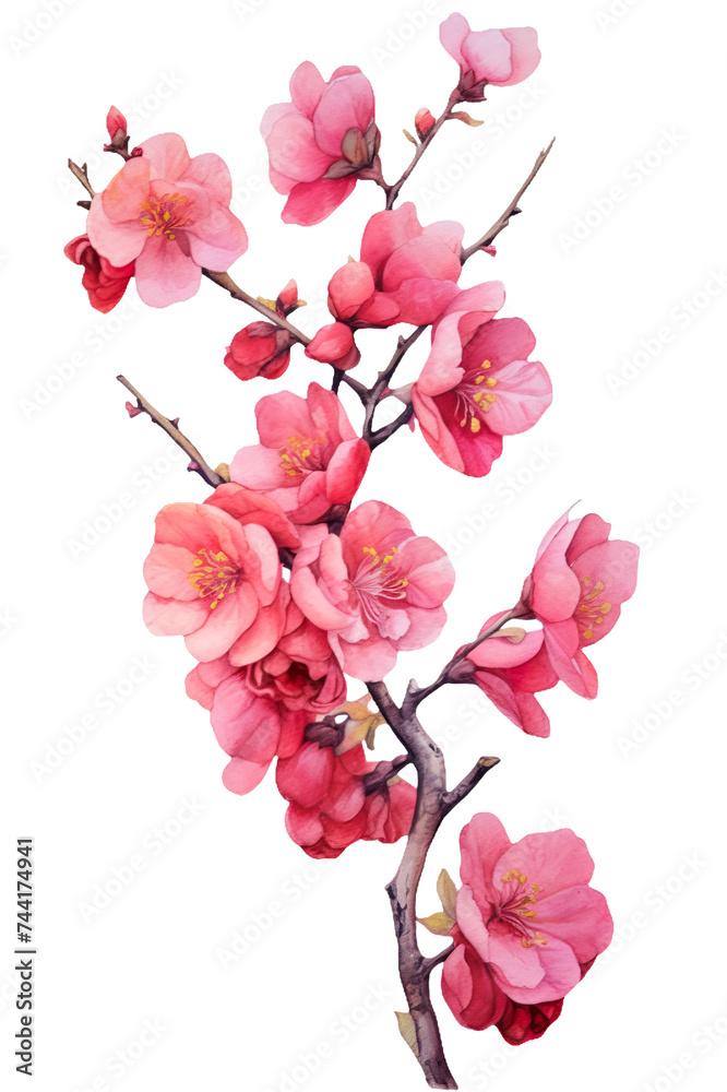 Japanese quince flowers on branch, chaenomeles japonica pink flowers, Japanese style watercolour Generative AI