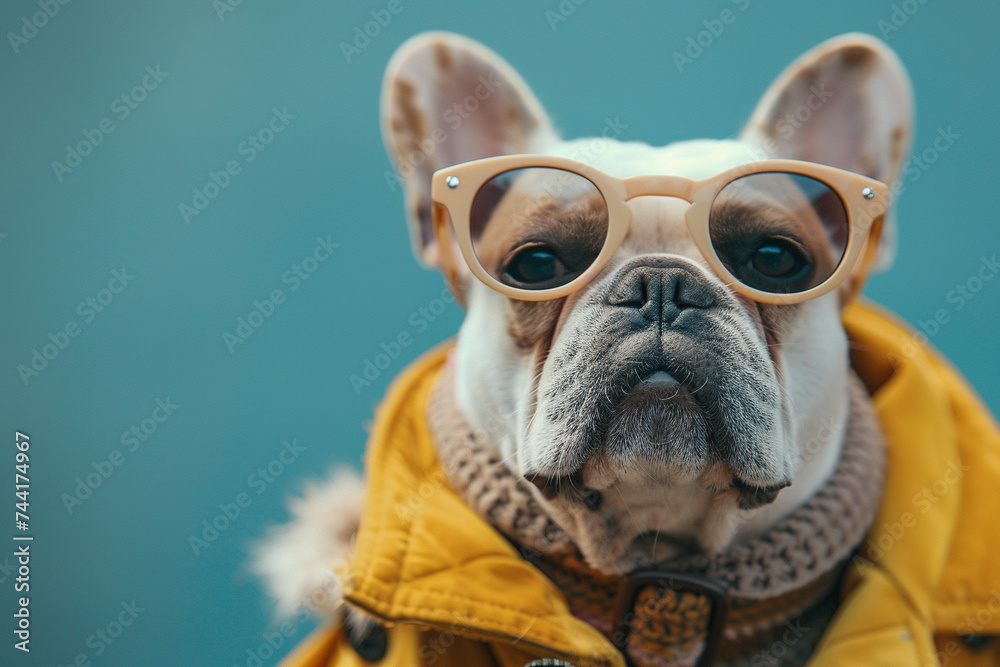 French Bulldog wearing clothes and sunglasses on blue background