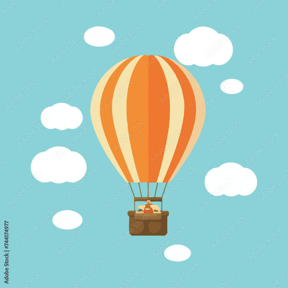 Fototapeta premium Orange hot air balloon flying in the turquoise sky with clouds. Flat cartoon design. Vector background.