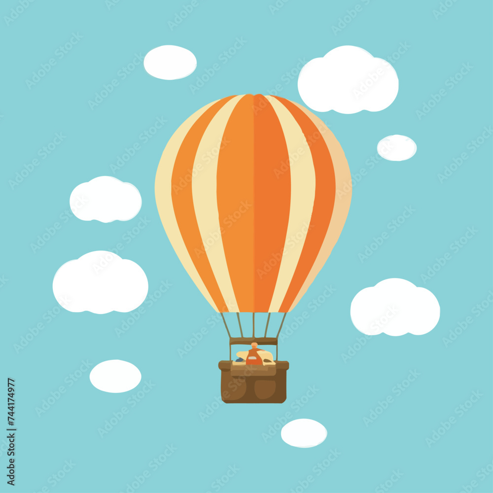 Obraz premium Orange hot air balloon flying in the turquoise sky with clouds. Flat cartoon design. Vector background.