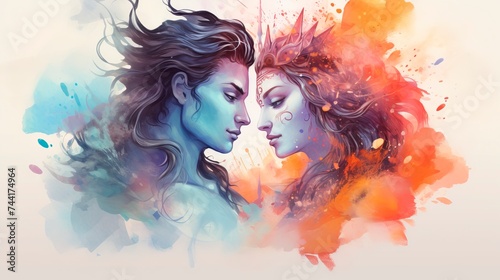 Watercolor illustration of Shiva and Shakti in tender, face-to-face embrace, blending mythology with art. Concept of divine union, spiritual balance, and cosmic harmony. Man and woman. Couple in love photo
