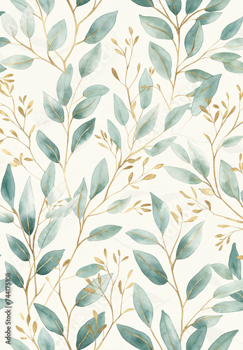 Watercolor illustration of eucalyptus branches with gold foil on a white background. Botanical and beauty concept. Background for wellness and spa materials. Packaging for organic beauty products.