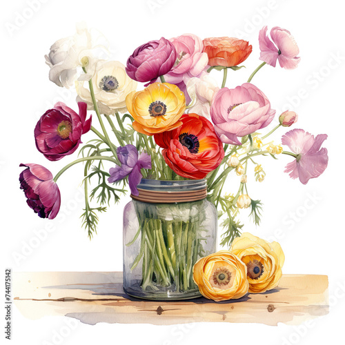 ranunculus flowers in a glass jar watercolor ai generated