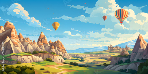 Colorful illustration landscape view of Cappadocia with air balloons