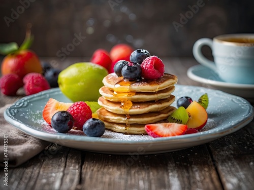 Delicious and homemade mini pancakes as a sweet perfect snack Poffertjes with fruits as sweet breakfast. Homemade mini pancakes with fruit toppings