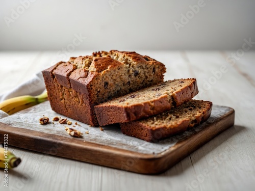 Delicious banana bread served on wooden table on black background. Uniform white background. Delectable bread against contrasting backgrounds