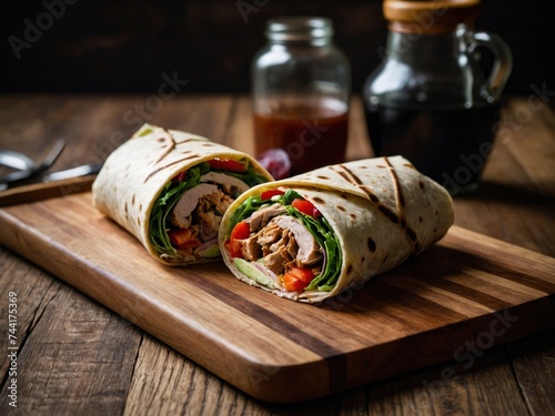 Delicious Californian turkey wrap presented on a wood board. Exquisite turkey wrap on wooden board display