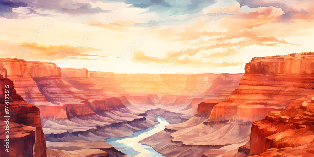 Watercolor illustration landscape view of Grand Canyon 
