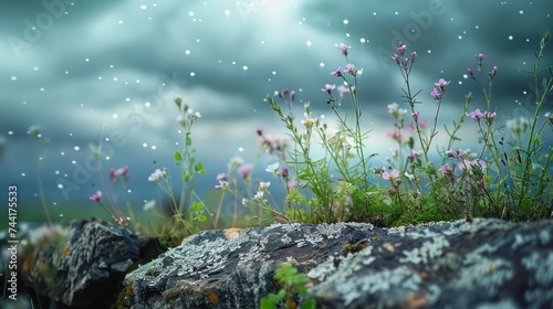 Small wildflowers blooming on a stone wall edge in a meadow after rain, adorned with water droplets, under a beautiful sky. Captured in stunning photography