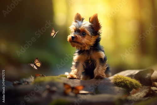 Tilt-shift yorkie terrier playing with butterfly outdoor in the park © Olivia