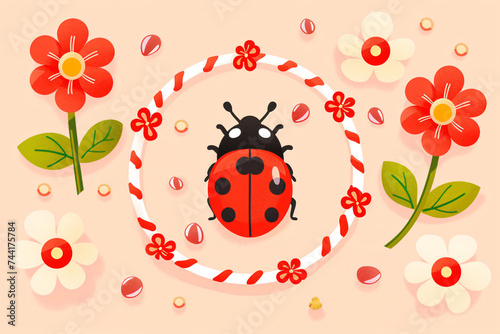 Ladybug with flowers and red and white rope on beige background. Hello spring, 1 march. Baba Marta holiday concept. Martenitsa. Moldovan Romanian and Bulgarian symbol for spring beginning photo