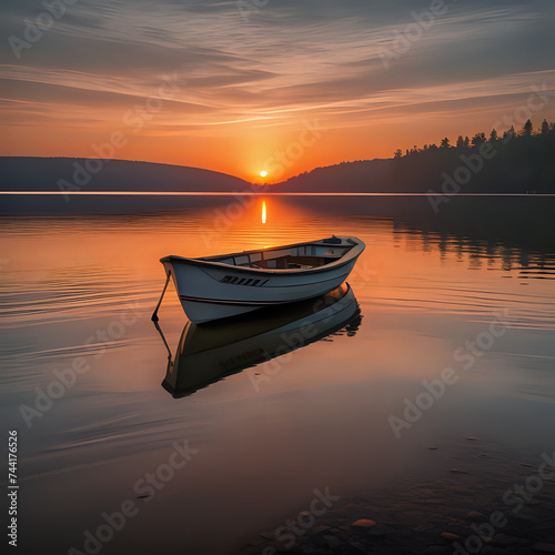 boat at sunrise on the lake - generated by ai © CarlosAlberto