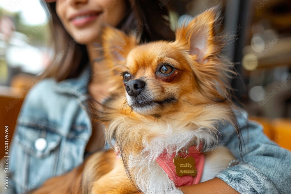A stylish woman proudly cradles her adorable chihuahua, radiating warmth and companionship with her beloved pet A stylish woman proudly cradles her adorable chihuahua, radiating warmth and companionship with her beloved pet