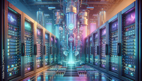 High Availability  Futuristic data center with Y2K aesthetics and tranquil chromatics.