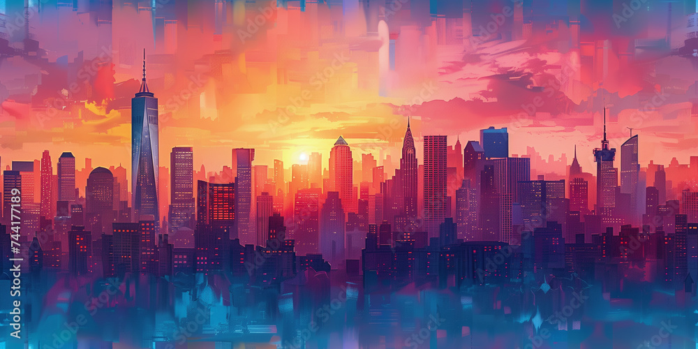 Illustration. panorama of big city. wide banner. Space for text. Mixed style painting. For poster, business card, invitation, flyer, banner, email, header, social media post. Generative Ai content