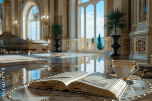 In a luxurious villa there is an open book and a cup of coffee on a table 