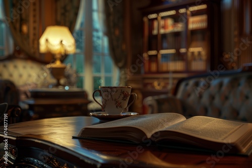 In a luxurious villa there is an open book and a cup of coffee on a table  © cristian