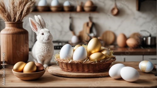 Easter photo with golden and white eggs  bunny sitting on wooden kitchen table.