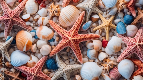 Seashells background, lots of amazing seashells, coral and starfishes