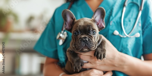Generative AI, veterinarian doctor is holding in hands cute small puppy dog, vet clinic banner with copy space
 photo