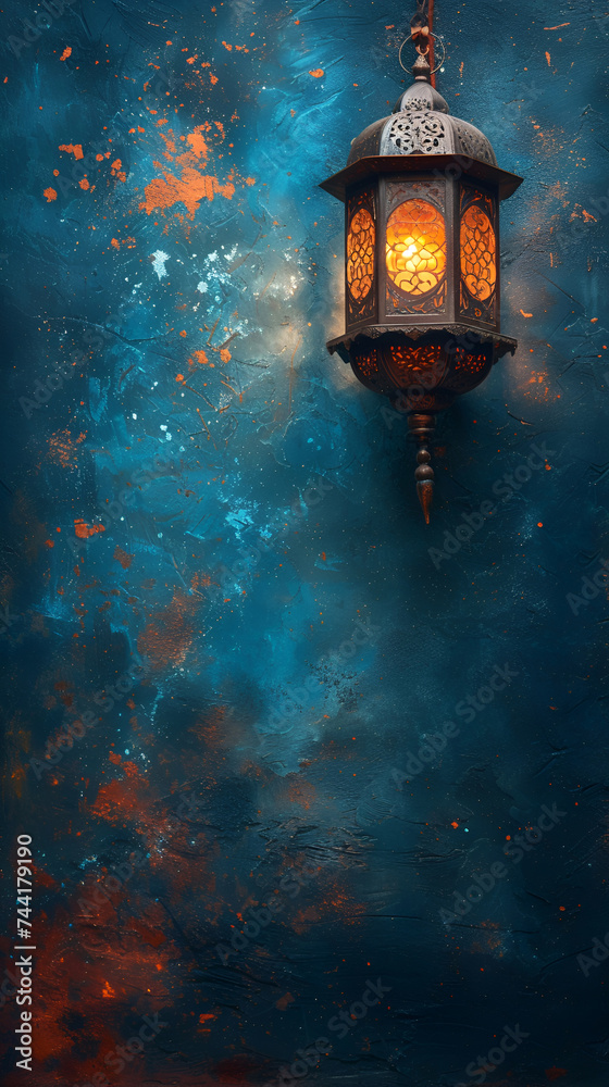 Modern Islamic holiday banner suitable for Ramadan, Raya Hari, Eid al-Adha and Mawlid. Lit lantern on a blue background with empty space. Modern Islamic holiday banner suitable for Ramadan, Raya Hari, Eid al-Adha and Mawlid. Lit lantern on a blue background with empty space.