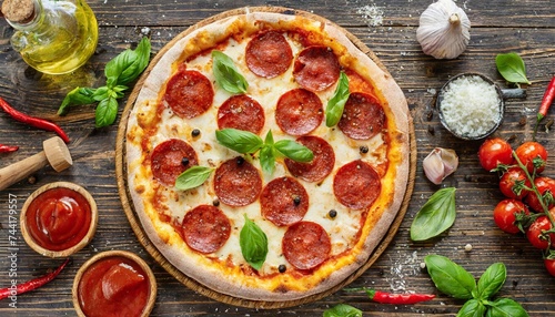 traditional italian pepperoni pizza top view with ingredients