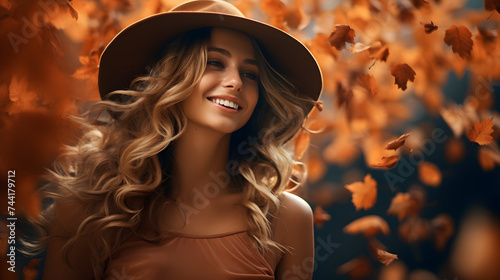 woman in autumn dresses and hat is smiling in autumn leaves