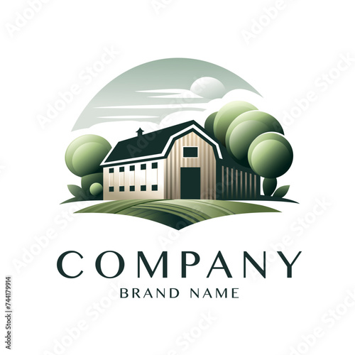 Stylish flat minimalistic logo design: modern graphic elements with abstract farm (outline shapes) in color on white background for agriculture and farm organic products high quality vector
